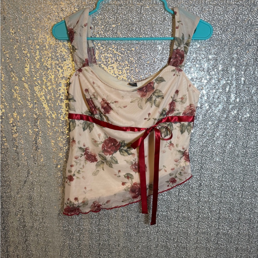 SHEIN Floral Blouse with Red Ribbon